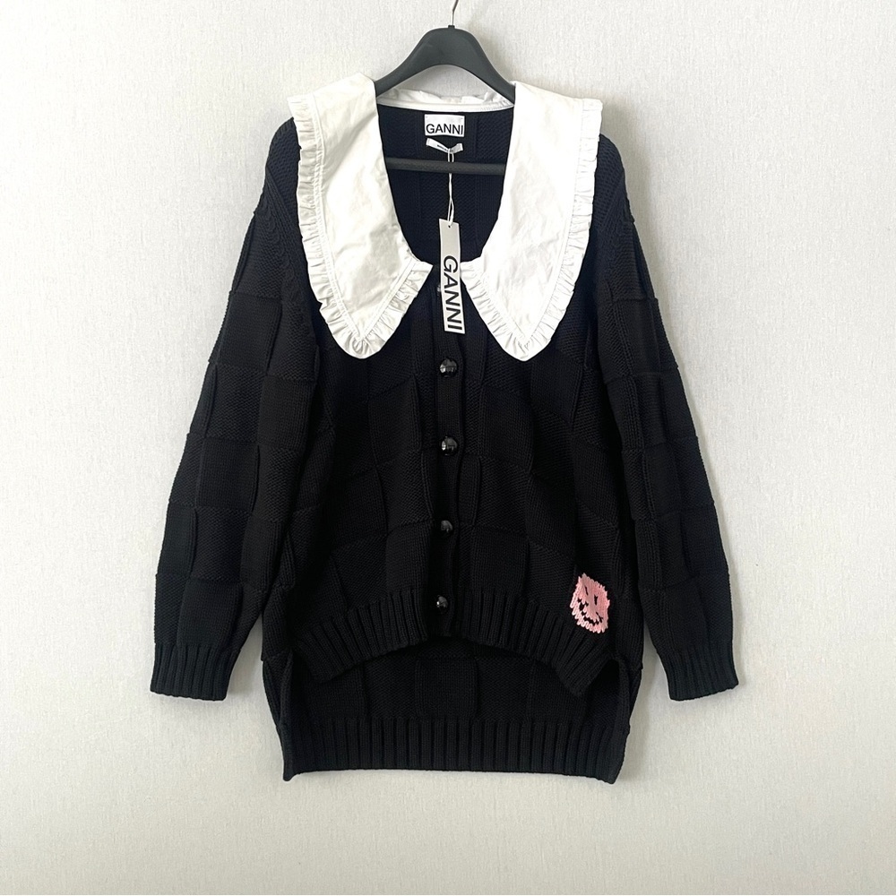 GANNI Smiley Face Oversized-Collar Basketweave Cardigan